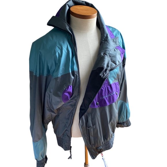 Vtg Couloir Mens Hooded Windbreaker Jacket Sz 40 Green Entrant Nylon Colorblock - Picture 4 of 16